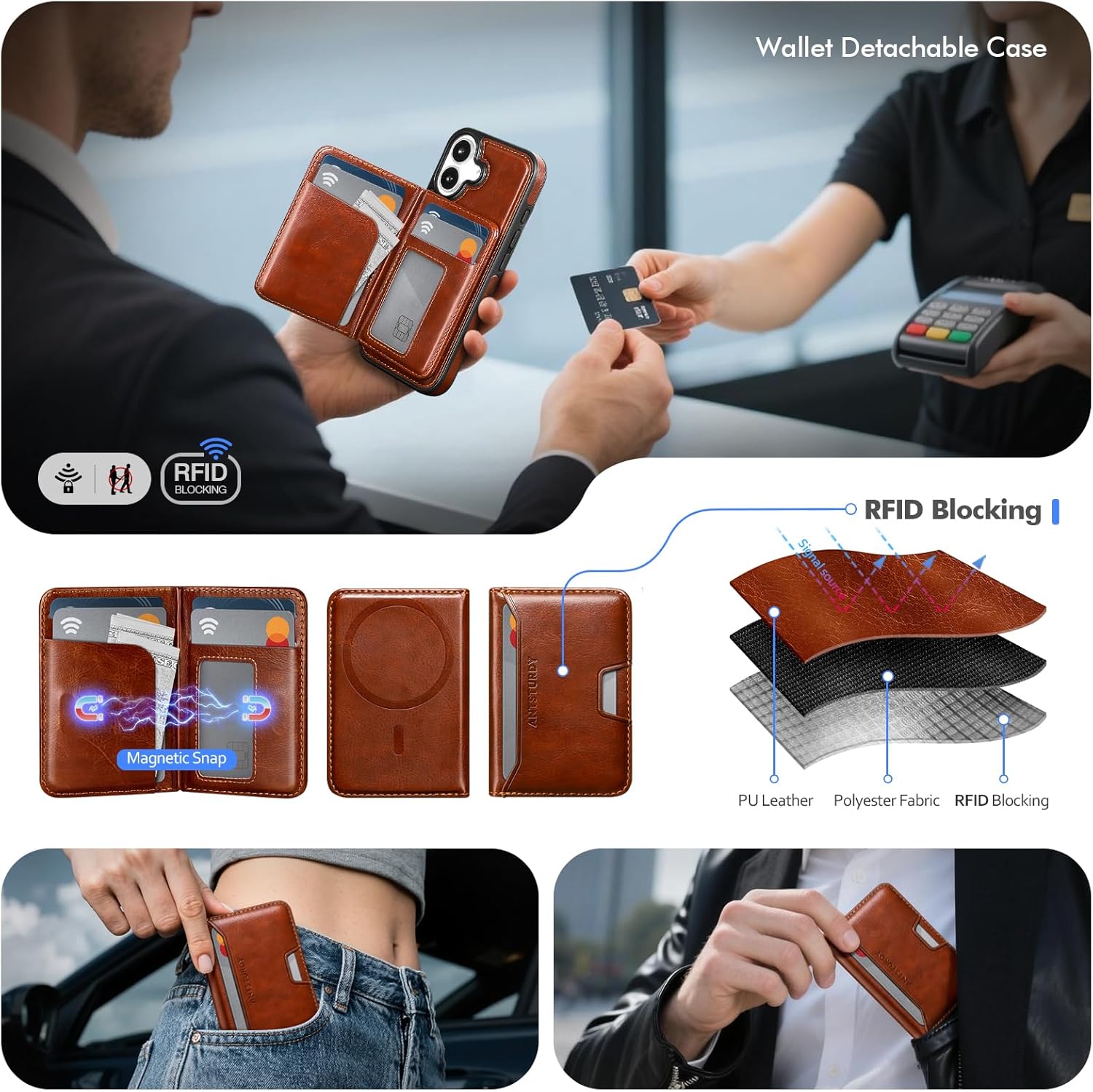 Antsturdy Compatible with MagSafe 2 in 1 Detachable Magnetic iPhone 17 Case Wallet Holder,PU Leather RFID Blocking Credit Card Slots Flip Protective Cover Kickstand for Men Women,Brown
