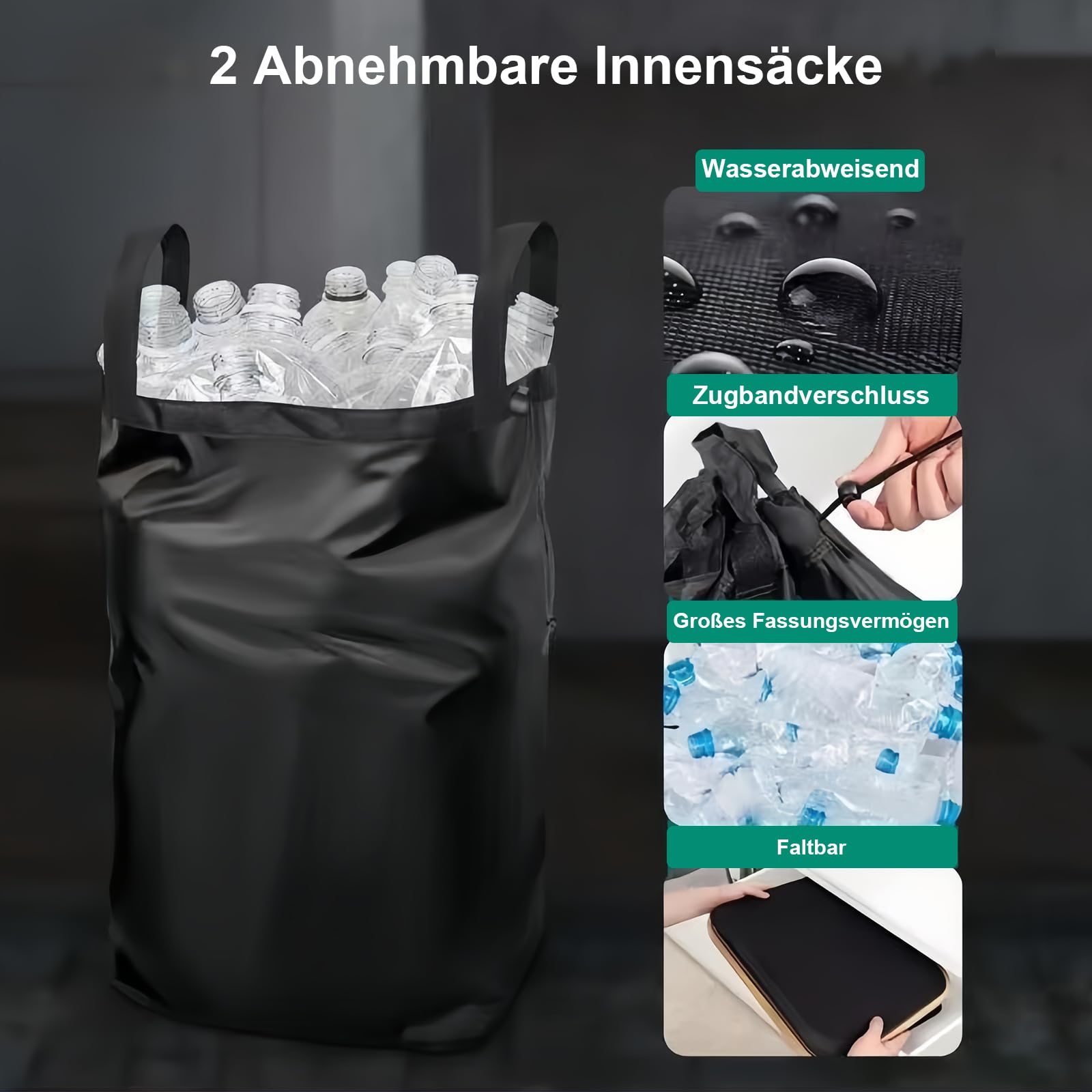 Pojemnik na butelki zwrotne 110L, Stabilny kosz na puste butelki z 2 zmywalnymi workami wewnętrznymi i bambusową ramą, Składany pojemnik na kaucję na butelki i puszki, 40x33x80cm, Czarny