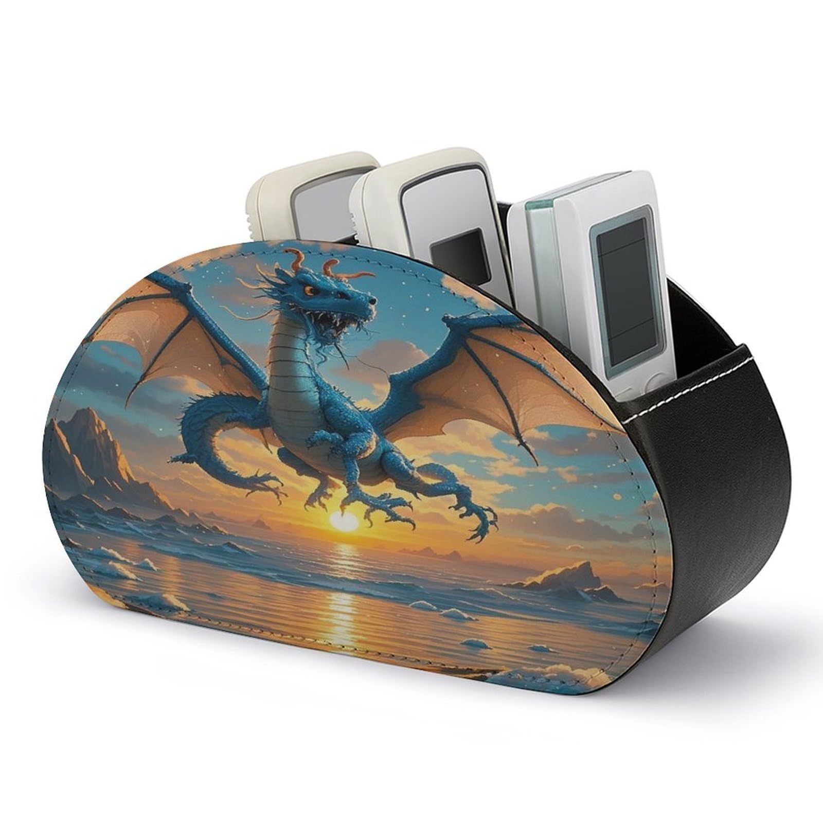 LZQPOEAS Sea Sunset Flying Dragon Remote Control Holder with 5 Compartments PU Leather Remote Organizer Box Caddy for Table Nightstand Remote Caddy Desktop Organizer Fits Media Controllers