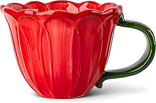 16oz Ceramic Coffee Mug – Handcrafted Red Floral Lotus Cup with Green Le...