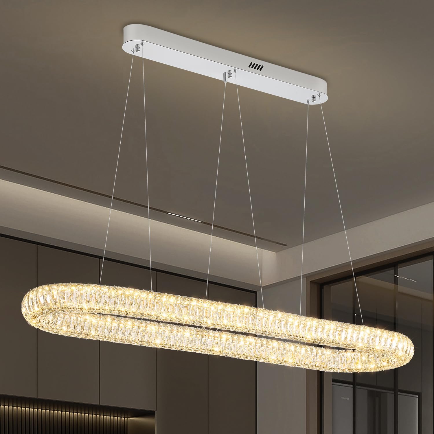 Crystal Ring Chandelier for Living Room, Modern Linear Oval Chandeliers for Dining Room 47.2'' Chrome Ring Pendant Light for Kitchen Island Dimmable 3000K-6000K