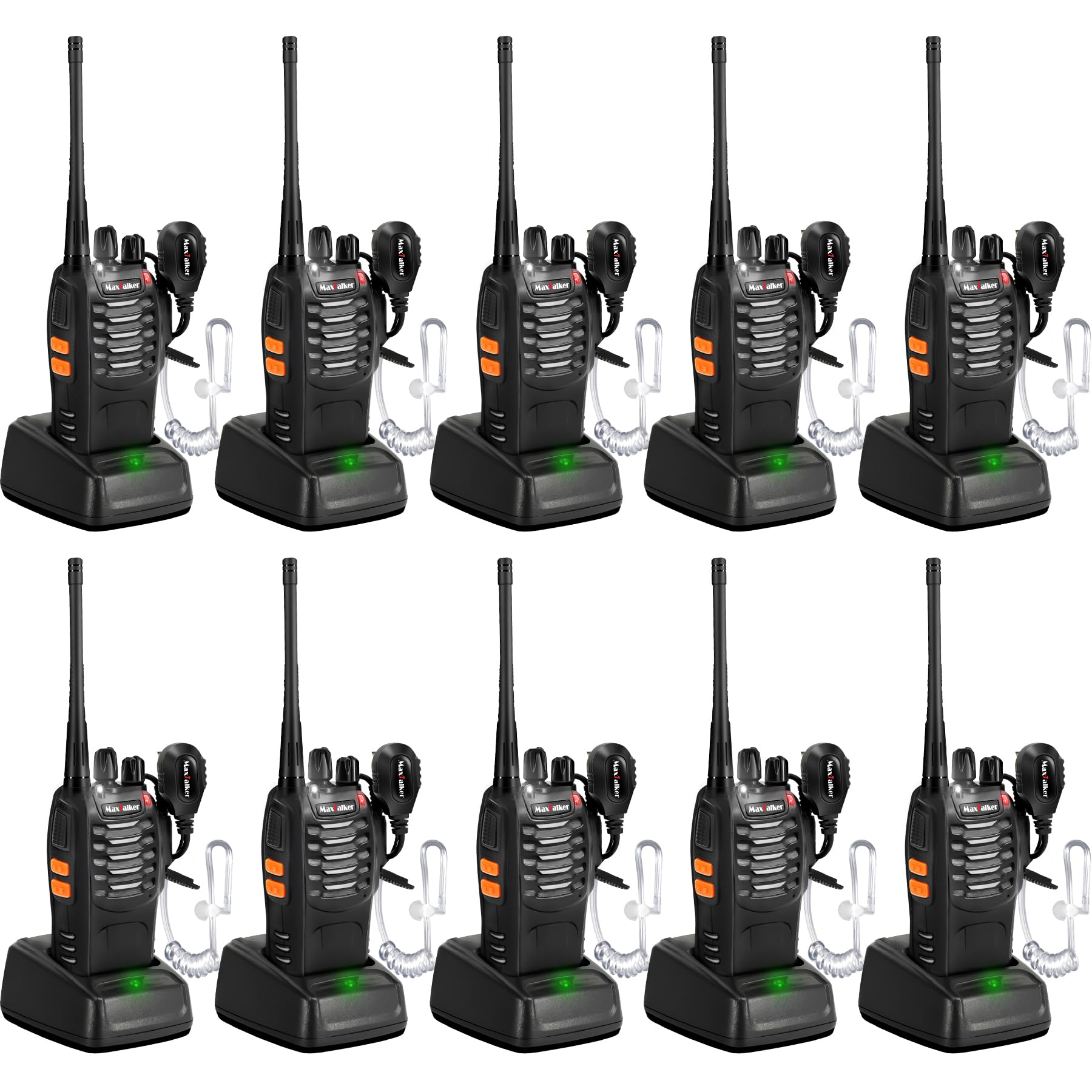 Radios Walkie Talkies Long Range: MaxTalker MT-8S Walky Talky with Earpieces Flashlight 1500mAh Battery Rechargeable Walkie Talkies for Adults, Working, Camping, Hiking, 10 Pack