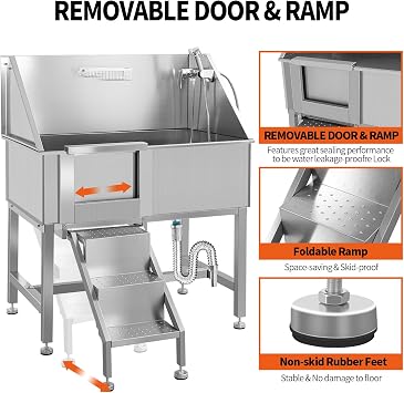 38 Inch Stainless Steel Dog Bathing Station, Professional Dog Grooming Tub with Three Anti-Slip Steps and Removable Door, Dog Pet Wash Bath Station Left Door