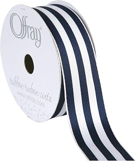 Offray 1.5" Wide Grosgrain Ribbon, 25 Yards, Navy Blue and White Stripe