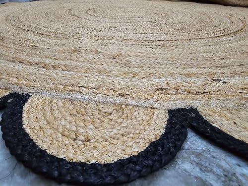 Miniatura 4 de Alfombra redonda natural de yute, alfombra de suelo con borde festoneado, trenzado, bohemio, ecológico, grande, circular hecha a mano, color negro