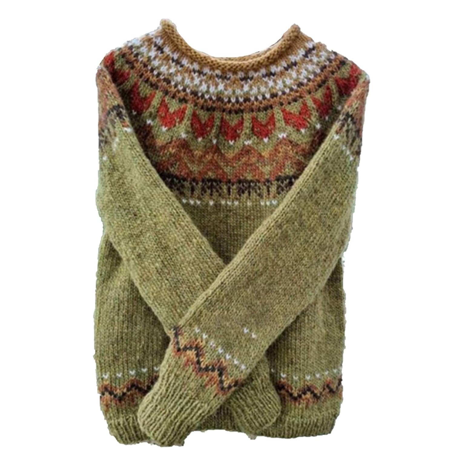 Womens Fair Isle Knit Sweater Trendy Ethnic Argyle Crewneck Sweaters Chunky Knit Long Sleeves Vintage Pullover Top