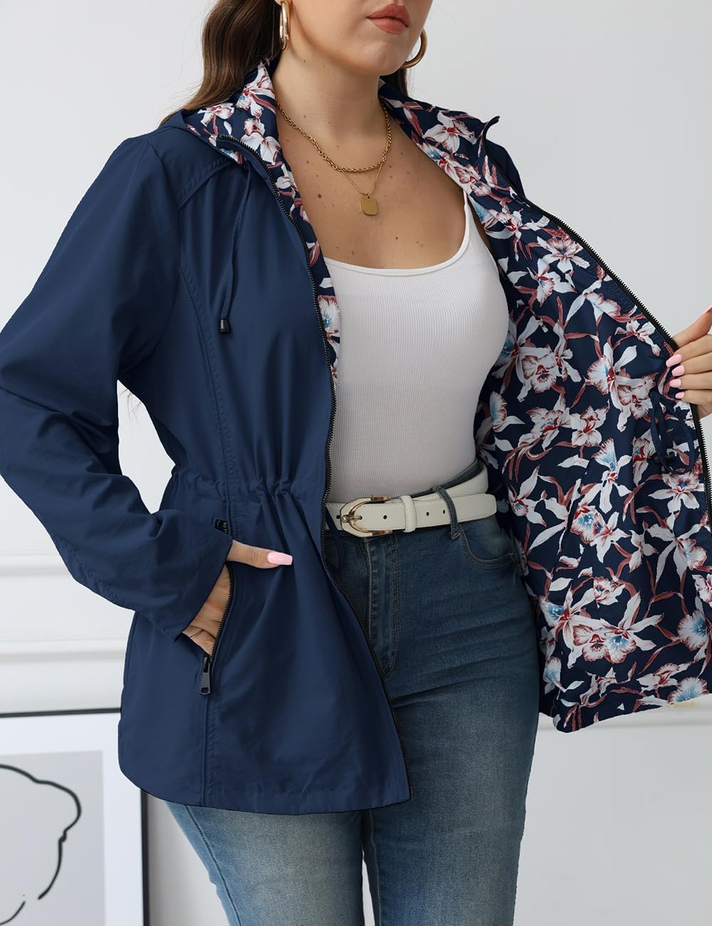 Geschallino Women's Casual Reversible Coat Plus Size Floral Print Windbreaker Lightweight Jacket with Hood - Image 2