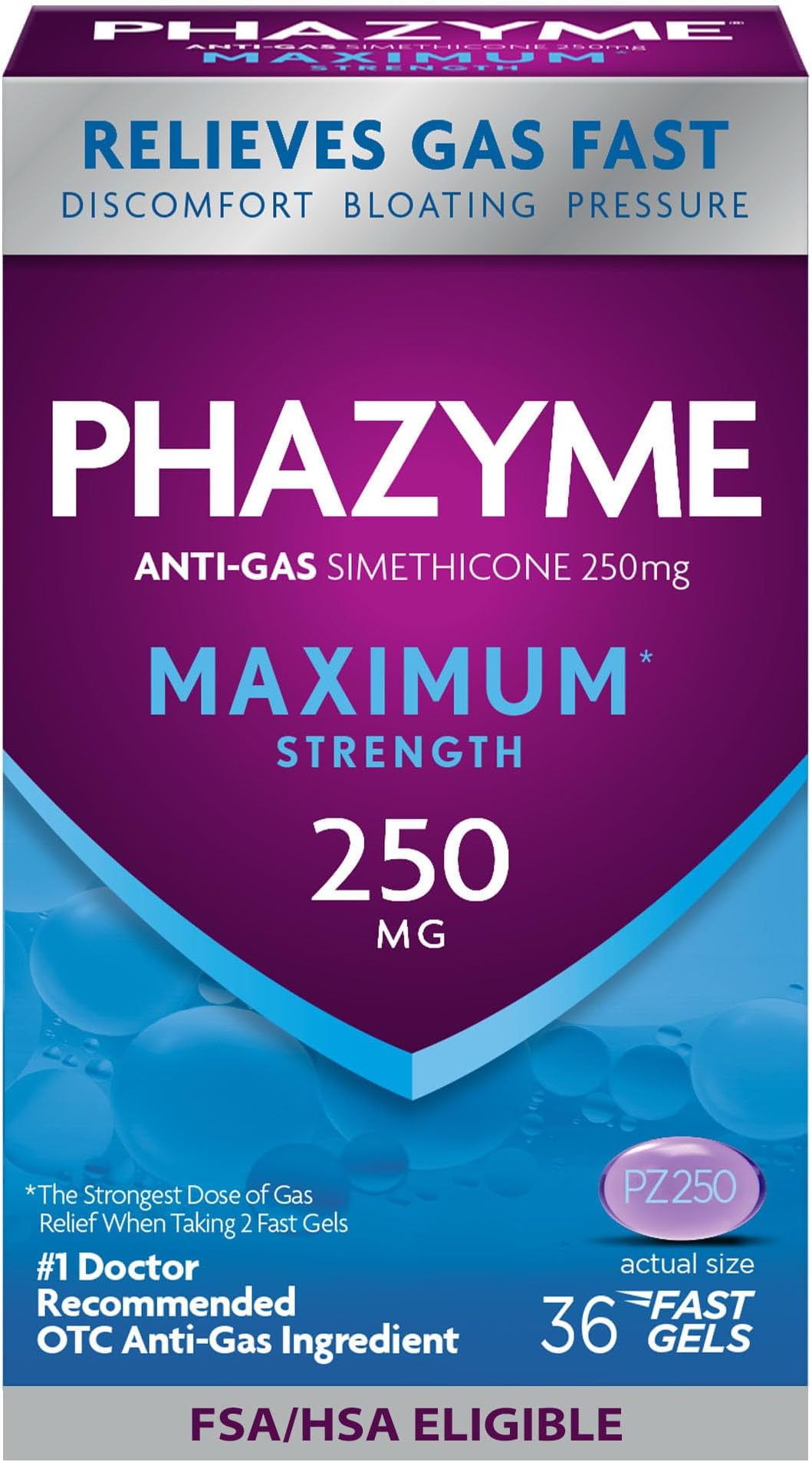 Phazyme Maximum* Strength Anti-Gas 250 mg Simethicone Gas Relief for Adults, Fast Gels Quickly Ease Bloating, Pressure & Discomfort, 36 Count