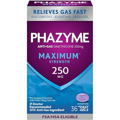 Phazyme Maximum* Strength Anti-Gas 250 mg Simethicone Gas Relief for Adults, Fast Gels Quickly Ease Bloating, Pressure & Discomfort, 36 Count