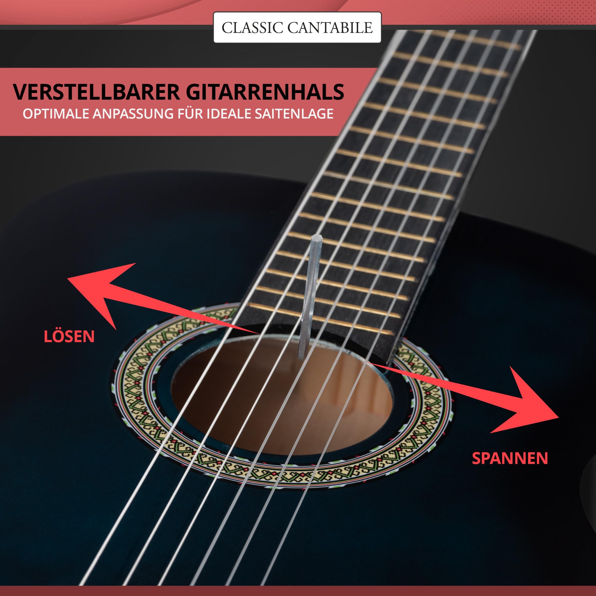 Classic Cantabile Klassikgitarre 4/4 - Konzertgitarre mit Lindenkorpus, Hals aus Okoume & Nylon-Saiten - glänzendes Finish in Blueburst - optimal für Einsteiger und fortgeschrittene Gitarristen