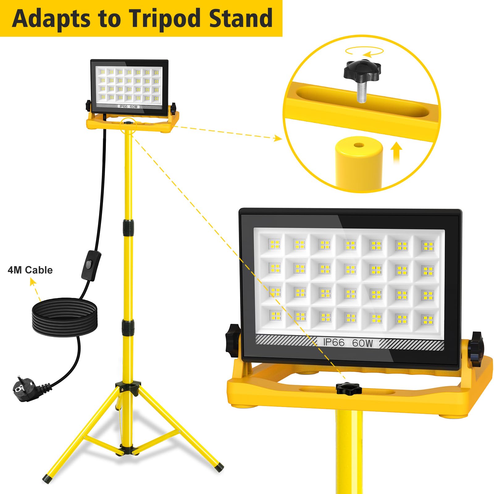 Foco LED de Trabajo, 60W Lámpara de Trabajo LED con 3 Modos de Brillo, Luz de Trabajo con Enchufe, IP66 Resistente al Agua con Cable de 4M, 6000K Portátil para Taller Obra Garaje