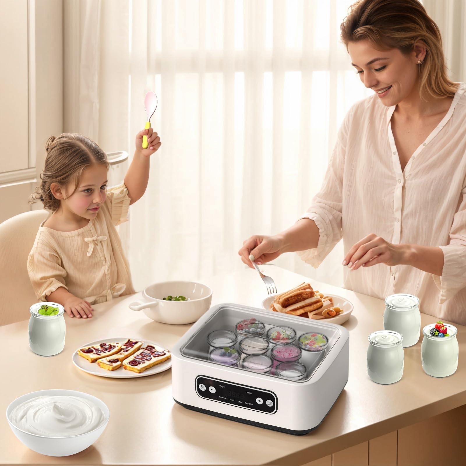 Joghurtbereiter mit einem 1,6-Liter-Edelstahleinsatz und 9 Glasbehälter à 100 ml, Abschaltautomatik & LCD-Display, Automatische Joghurtmaschine für DIY Joghurt, Käse-, Natto-Zubereiter