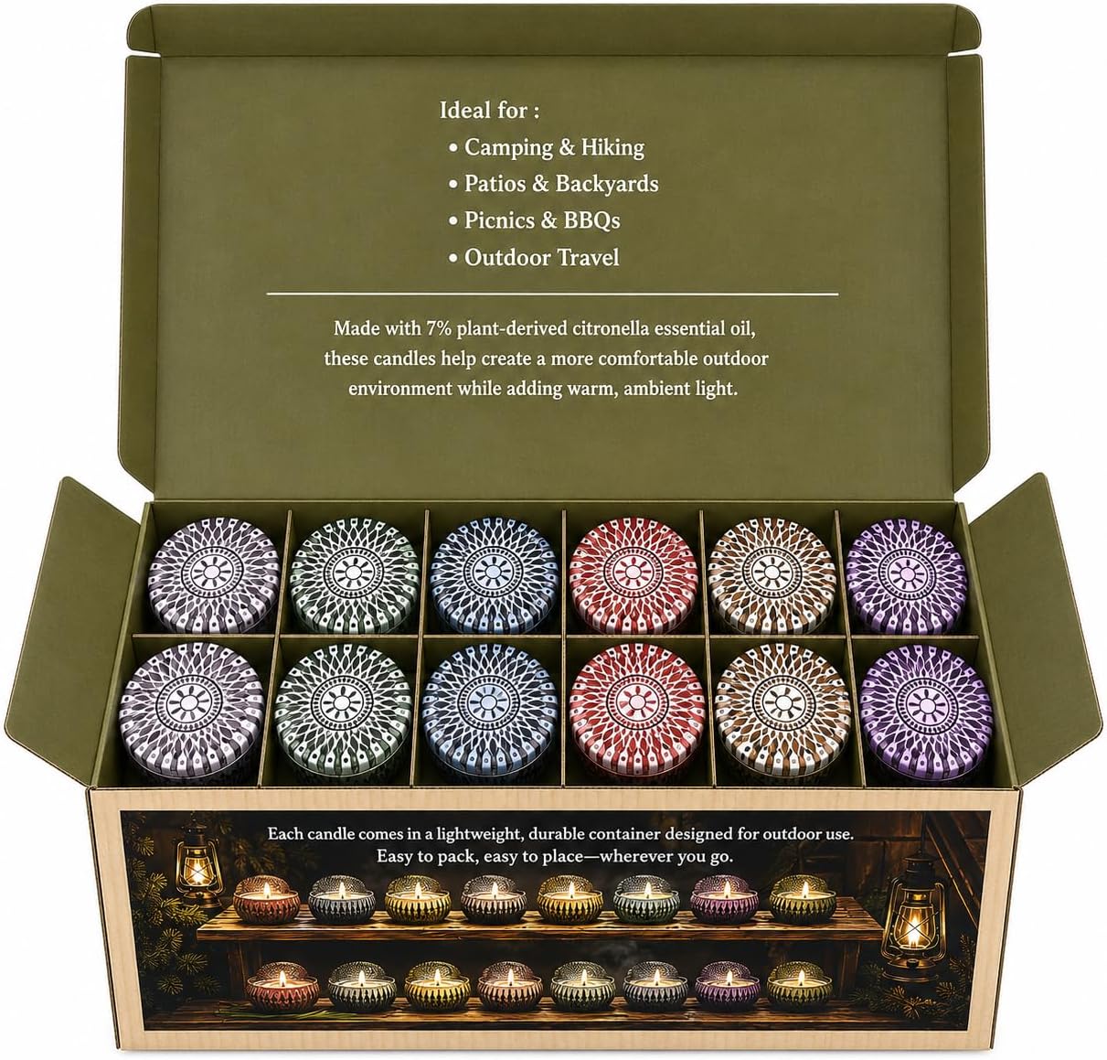24 Pack Citronella Outdoor Candle Set, Soy Wax Tin Candles with 7% Citronella Oil, 2.5 oz Each, Up to 600 Hours Total Burn Time, Portable Patio Candles for Backyard, Camping, BBQ, Summer Use