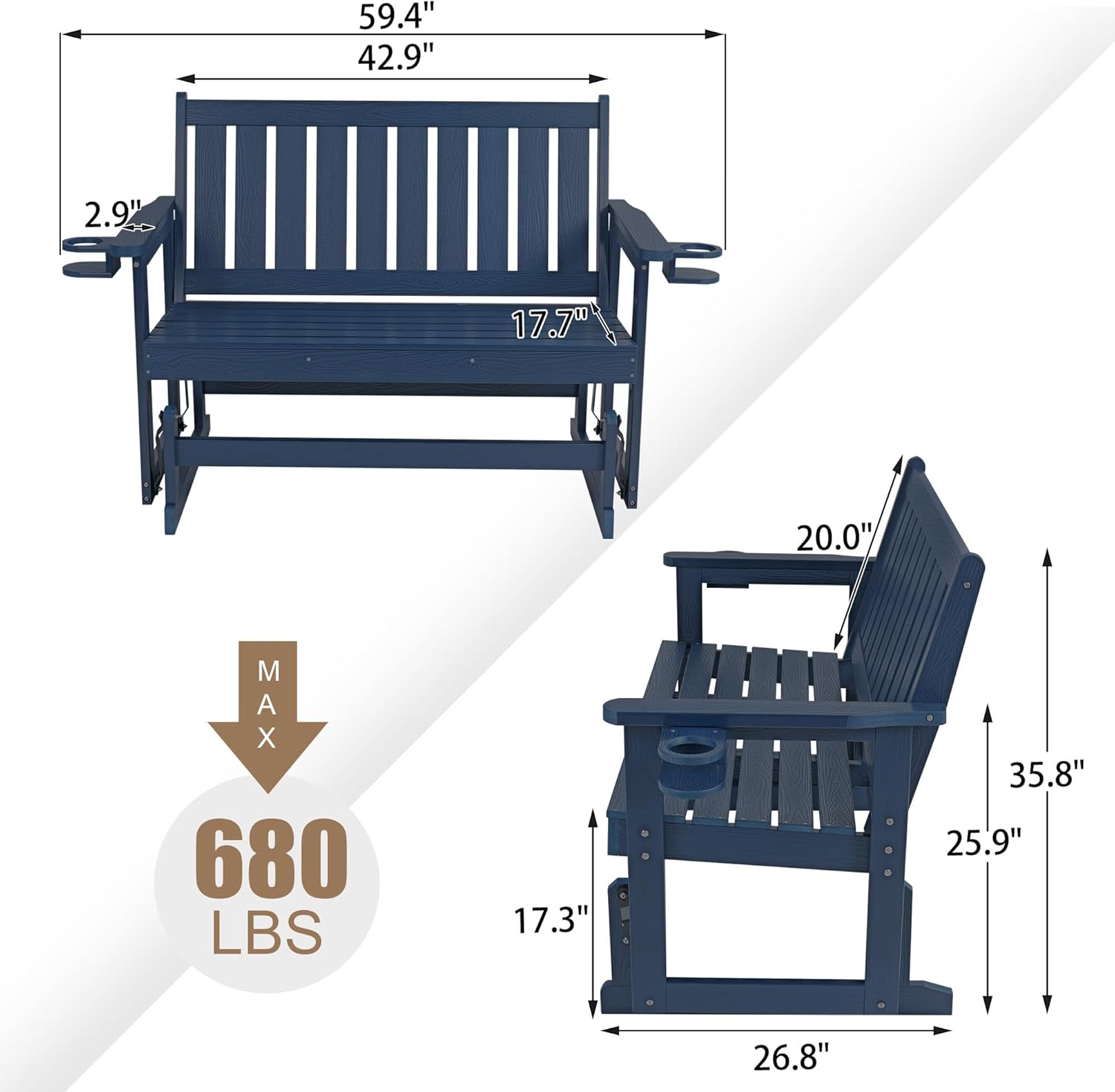 Poly Lumber Patio Glider, Durable HIPS Material, Weather-Resistant Swing Bench for Outdoor Porch Garden (Navy Blue, 2-Seater)