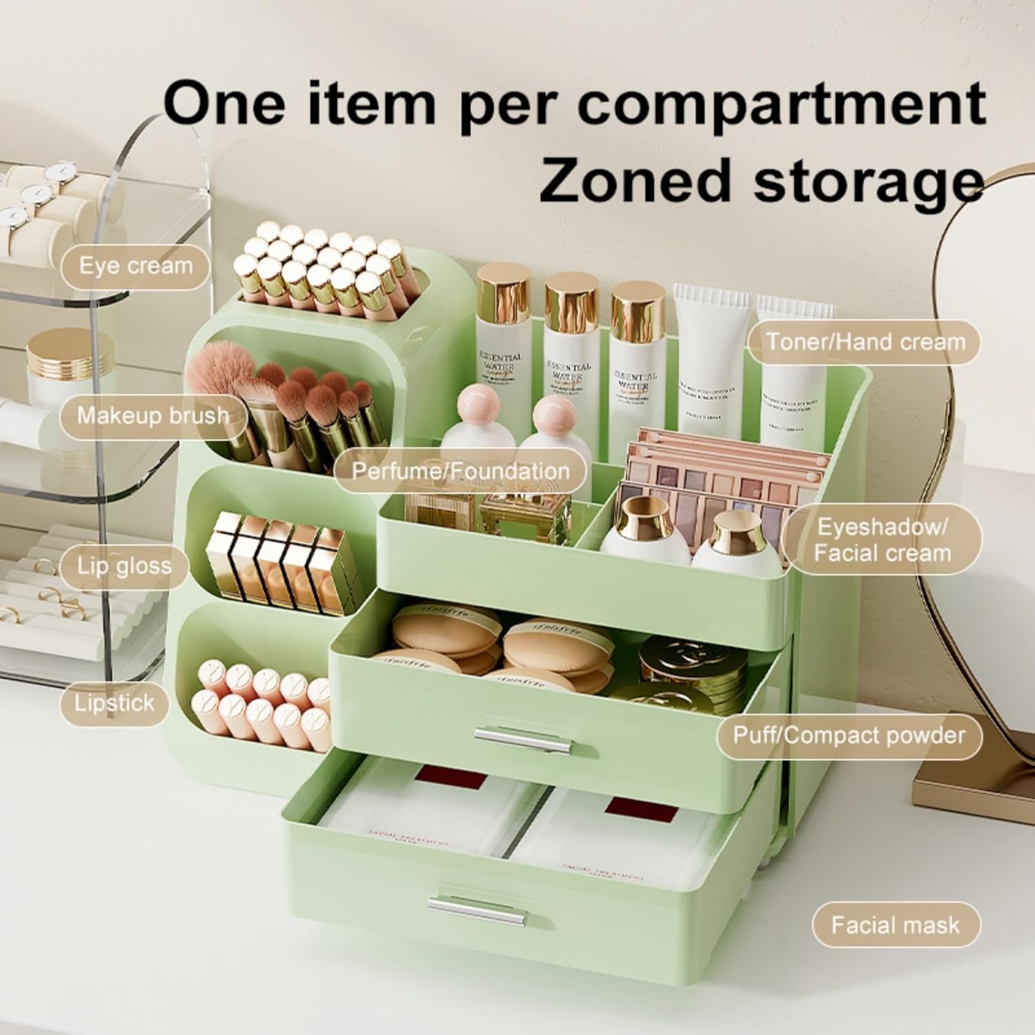 Makeup Organizer with Drawers for Vanity,Spacious Cosmetic Display Case,Perfect Storage Solution for Your Beauty Essential (All Green) - Image 6