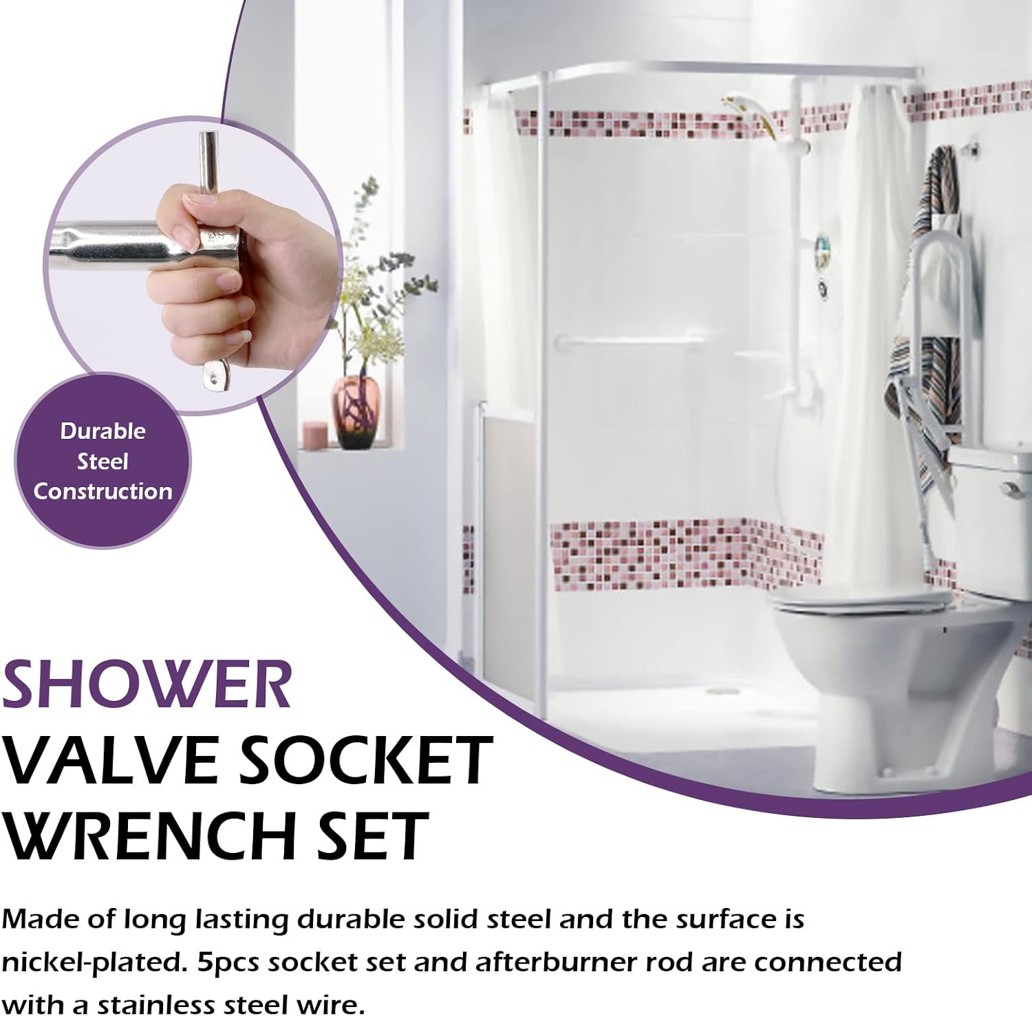 Swpeet 6Pcs 31/32" 21/32" 1-1/32" 1-7/16" 1-9/32" 1-3/32" Stainless Steel Shower Double-ended Valve Socket Wrench with Adjustable Shower Wrench Set, for Removing Tub & Shower Valve
