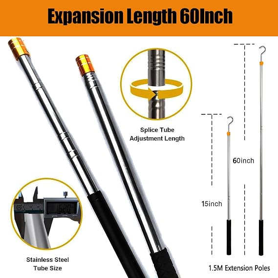 Ladder Pull Down System Kit - BCEHACBITI Attic Pull System Hook Cord Set Replacement for Cord Ropes with 60 Inch Extension Pole and Copper Storage Hook Handle Parts Tool