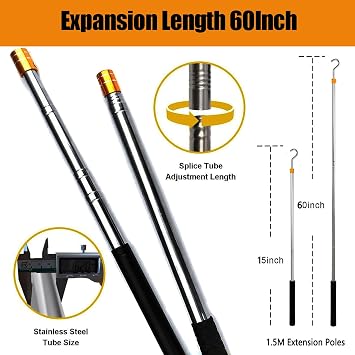 Ladder Pull Down System Kit - BCEHACBITI Attic Pull System Hook Cord Set Replacement for Cord Ropes with 60 Inch Extension Pole and Copper Storage Hook Handle Parts Tool