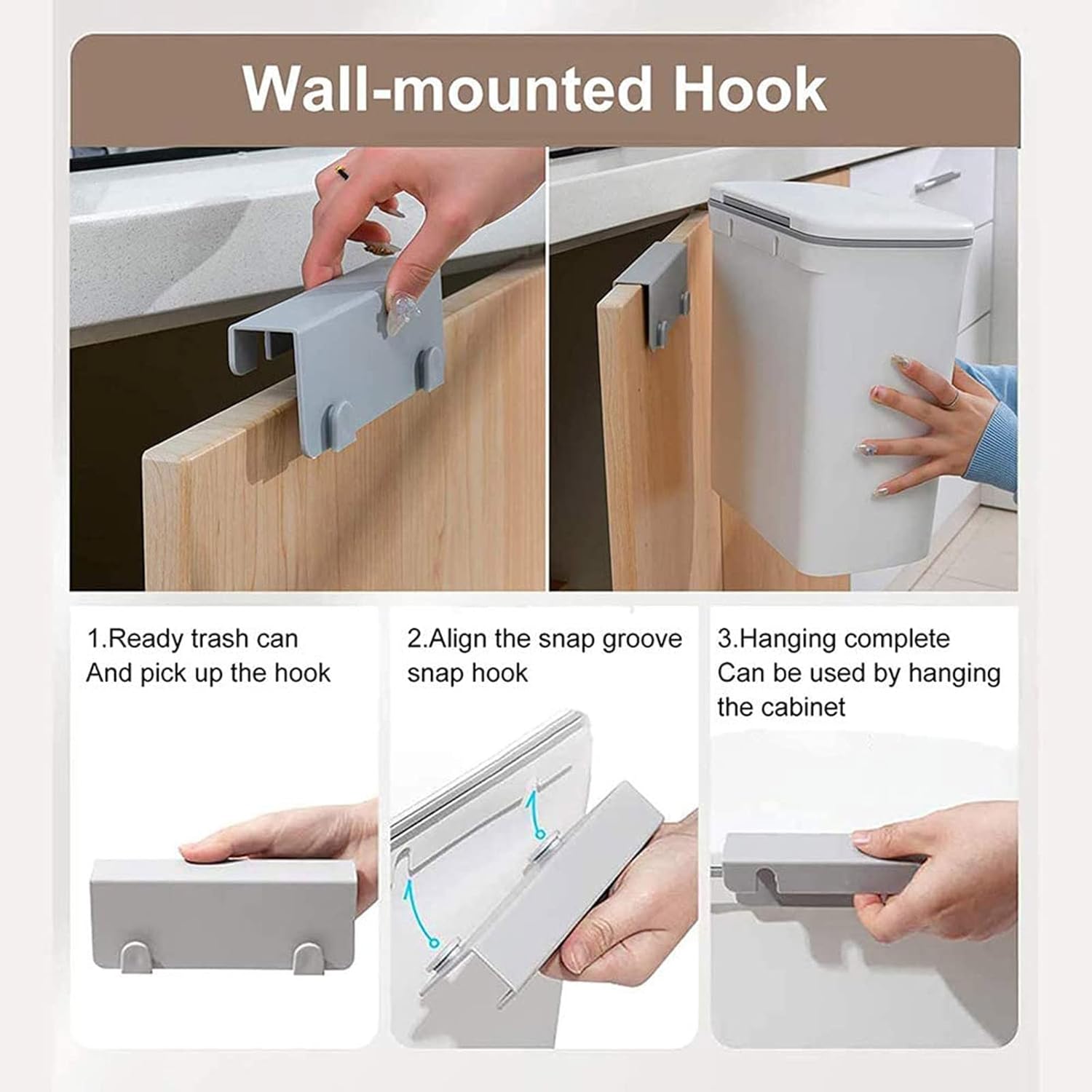 Trash Can Kitchen Trash Can Wall Mounted Kitchen Cabinet Door Plastic Trash Can with Lid Sliding Lid Kitchen Bathroom Bedroom Living Room 9L (Grey)