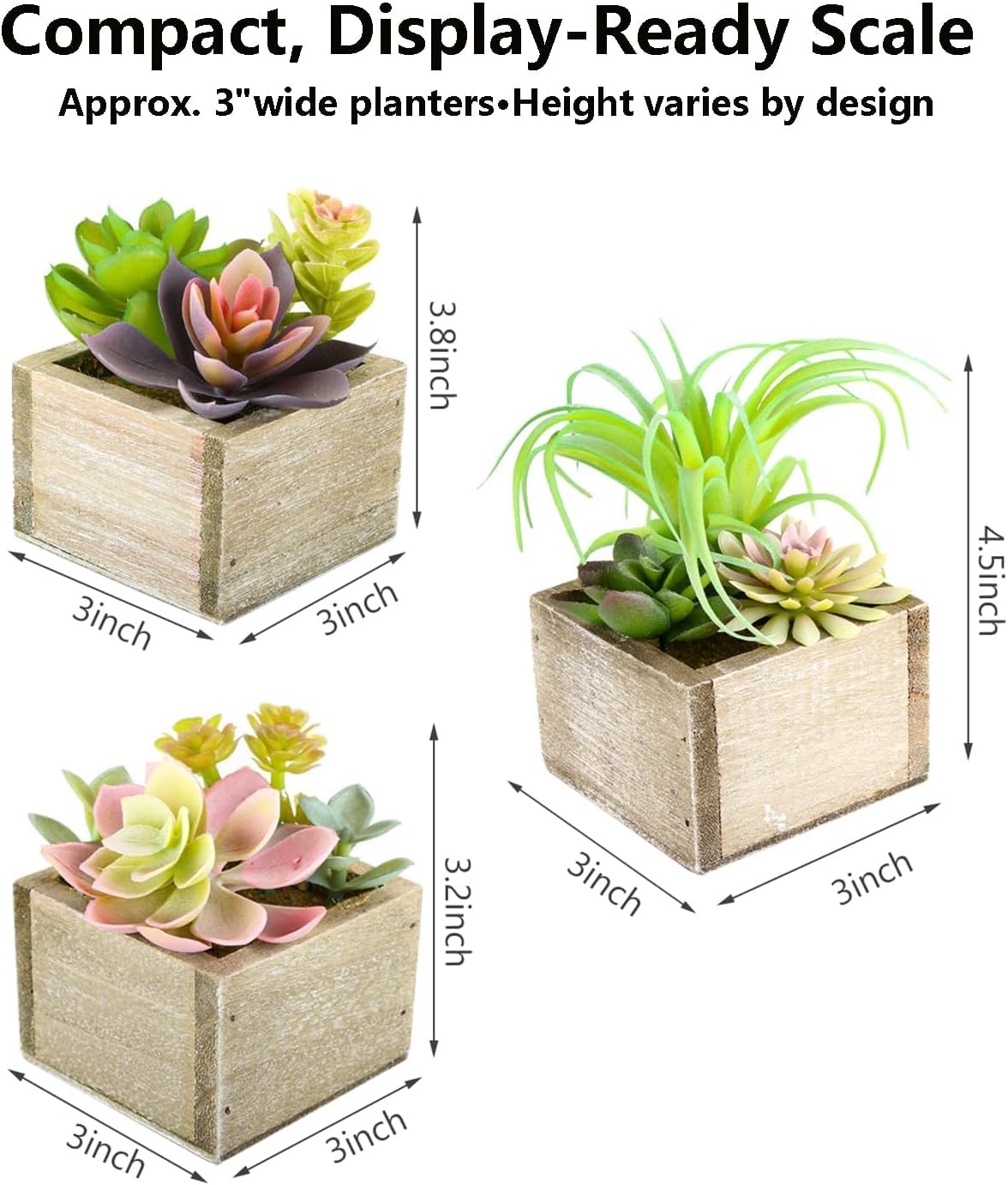 Mingfuxin Artificial Succulents Indoor, Set of 3 Mini Potted Greenery in Rustic Wood Planters, Tabletop Accent for Office, Bathroom Shelf, No Watering - Image 9