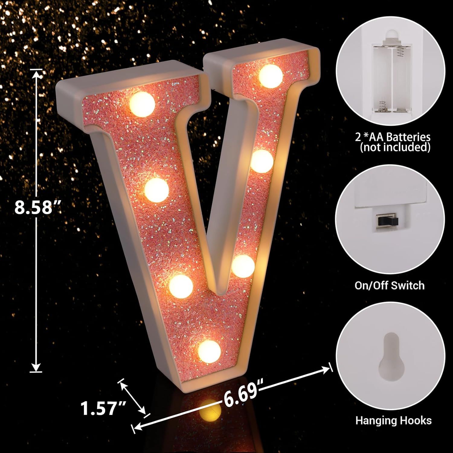 Marquee Light Up Letters, Pink Glitter LED Letter Lights - Letter V image 2