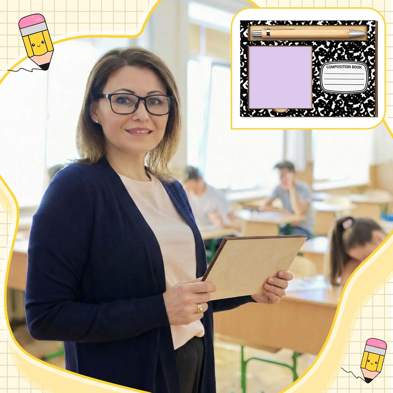 Fullhawl 36 Pcs Teacher Appreciation Gifts Set Wood Sticky Note Pad Holder with Sticky Notes Bamboo Pens Pencil Apple Crayon Ruler Composition Notebook Design for Teacher Student Classroom Supplies