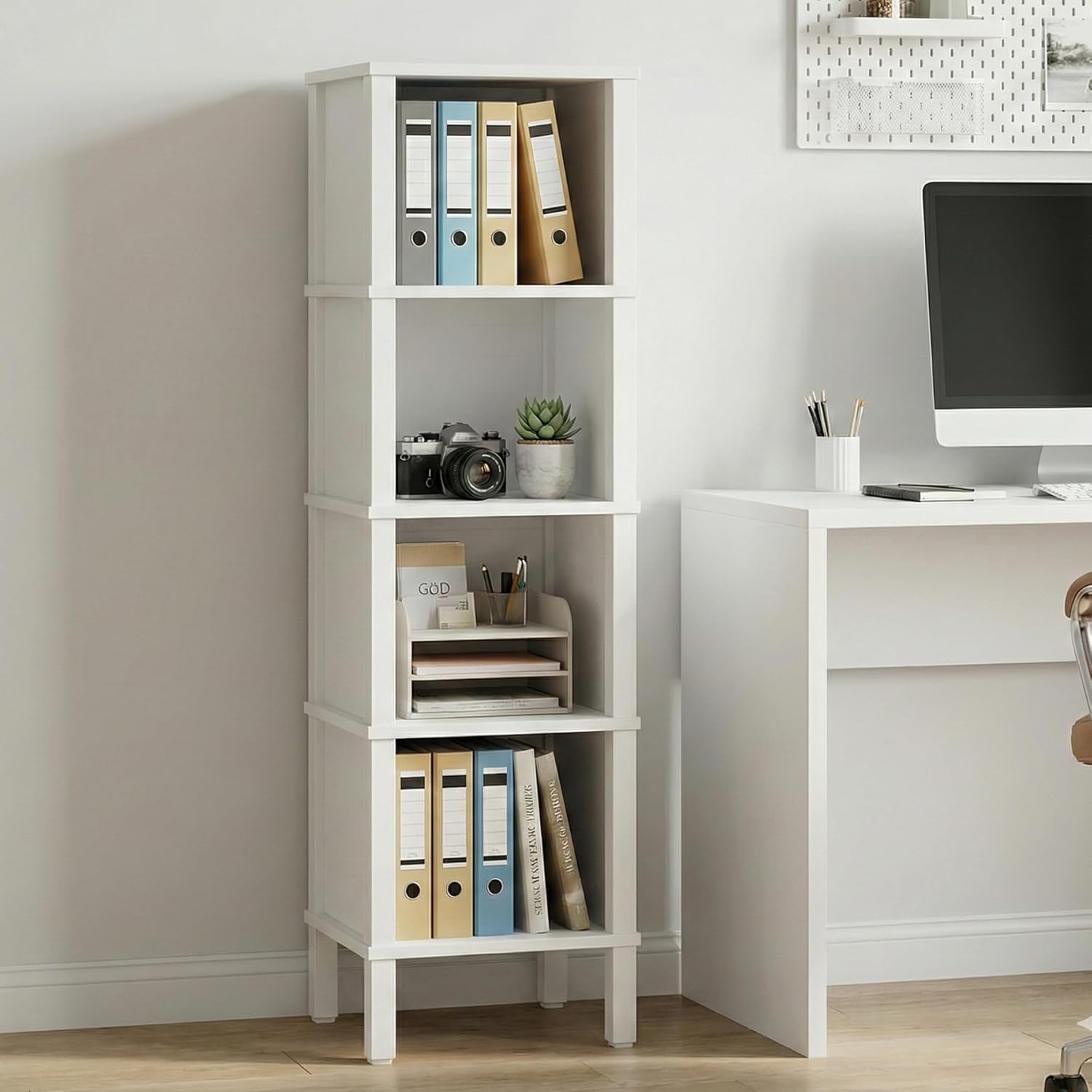 4-Tier Narrow Bookshelf for Small Spaces, Modern 4 Cube Bookcase, 14.2 x 11.2 x 52 Inches, Skinny Storage Shelving Unit, Open Display Rack for Bedroom, Living Room, Home Office,Corner (White)