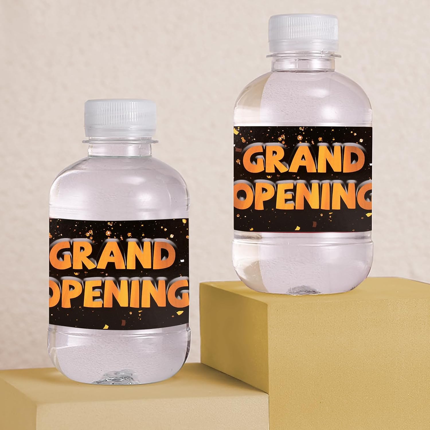 Grand Opening Water Bottle Labels, 50 Pieces Gold and Black Opening Ceremony Bottle Wraps for Anniversaries Party Company Hotel Open A Business