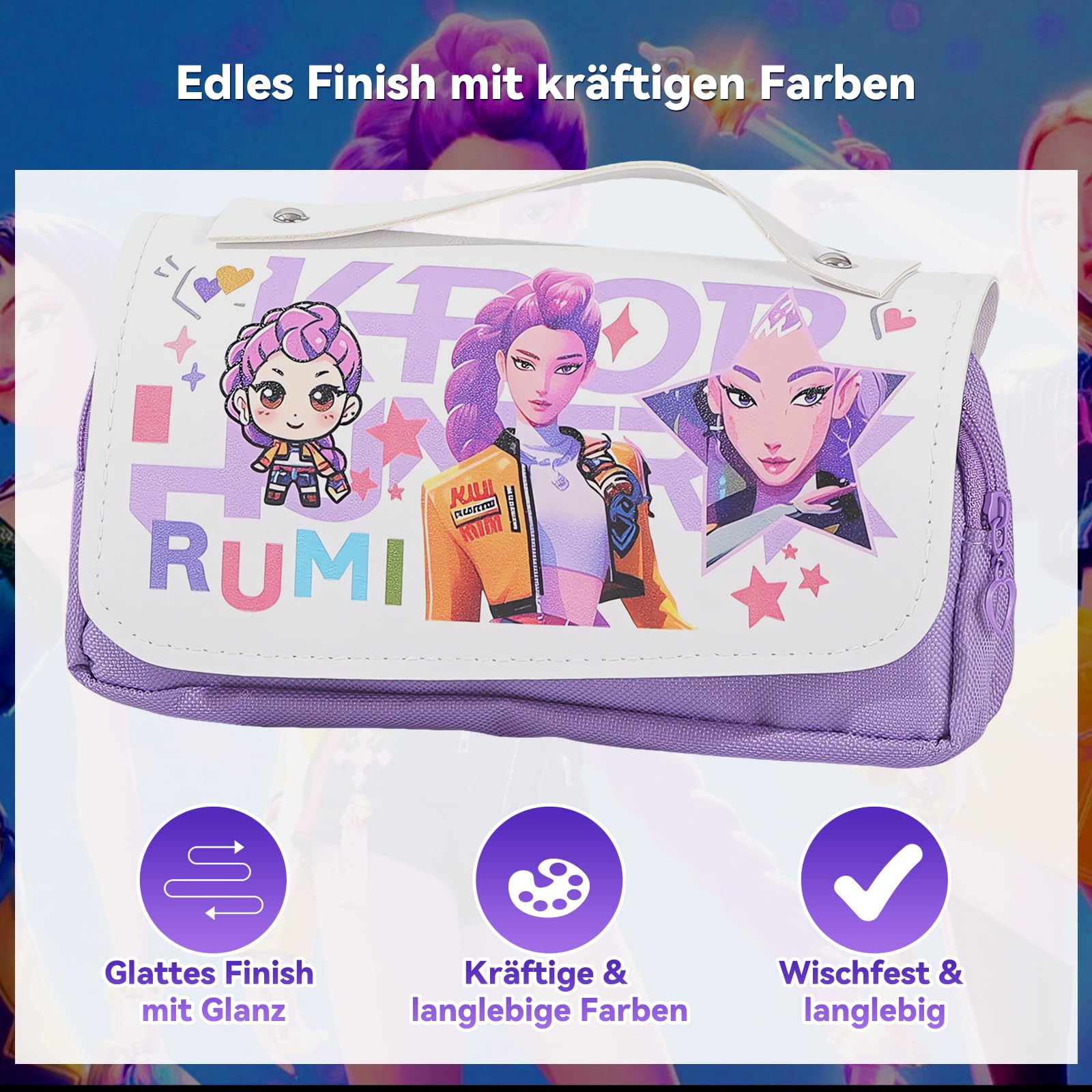 Estuche para niñas, estilo pop coreano, moderno, con diseño de Huntrix, estuche con compartimentos, para la escuela y el ocio, niños y adolescentes, púrpura-blanco, Federmäppchen Klein