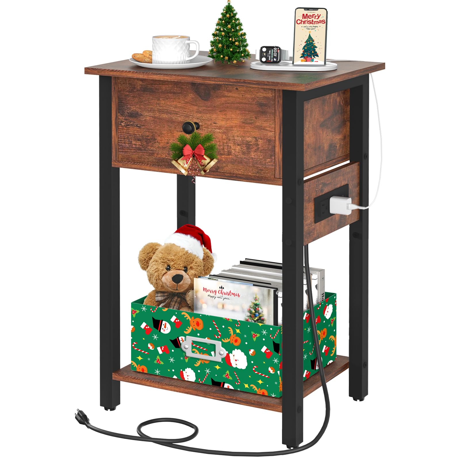 Yoobure Nightstand with Charging Station, Side Table End Table with Large Drawer and Storage Shelf, Bed Side Table/Night Stand with USB Ports & Outlets, Rustic Bedside Tables for Bedroom, Living Room