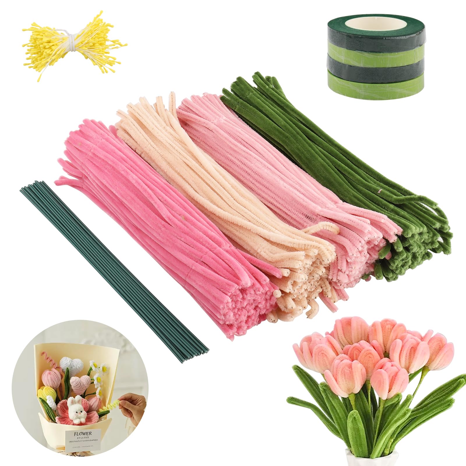 Bricolage Enfants Tiges Chenille Tige Fleur Artificielle, Facile à Plier Sans Se Blesser Les