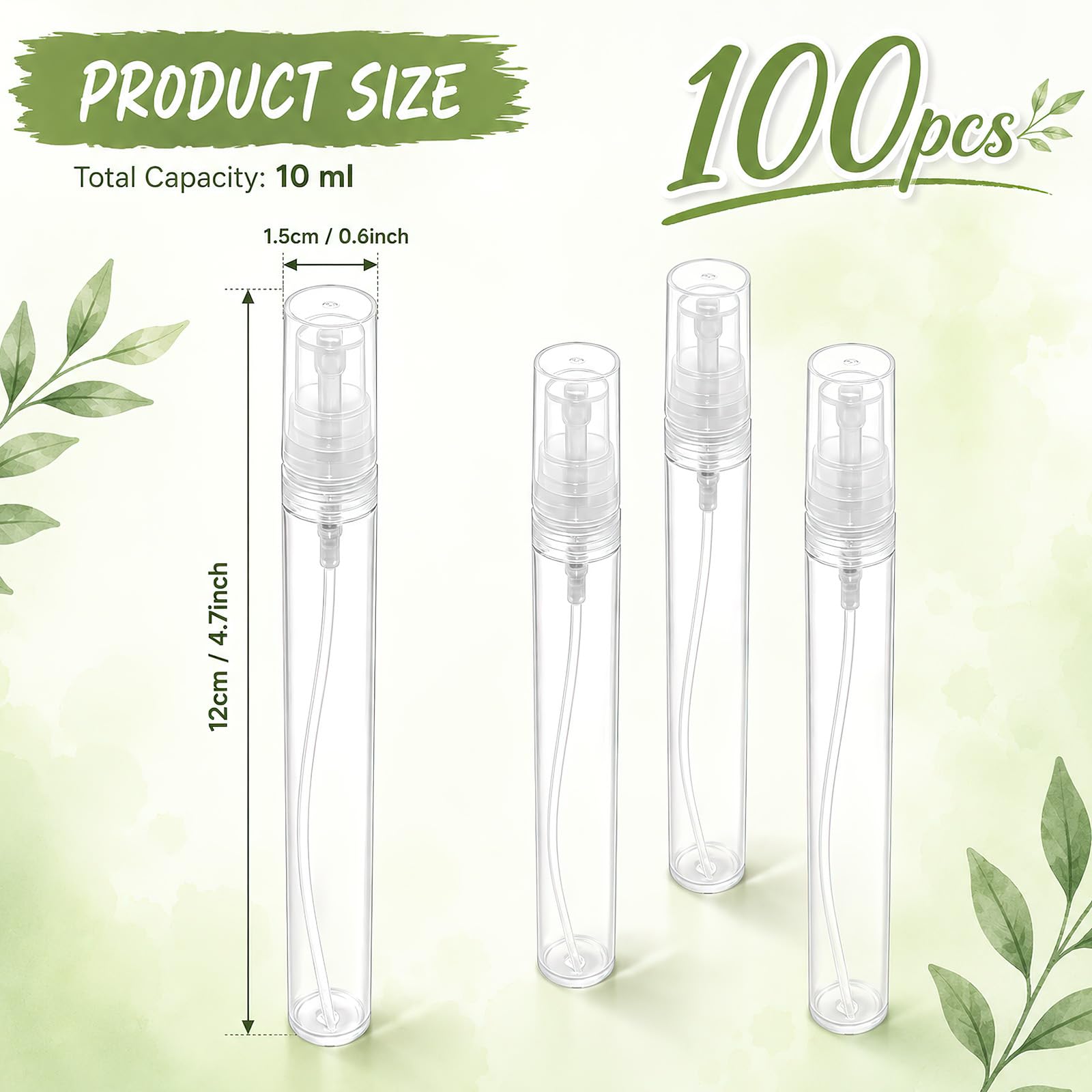 100 unidades de 10 ml atomizador de perfume rellenable, pulverizador vacío, mini bomba, botellas de plástico, atomizadores de viaje, botella de spray para viajes, perfume, muestras de fragancias