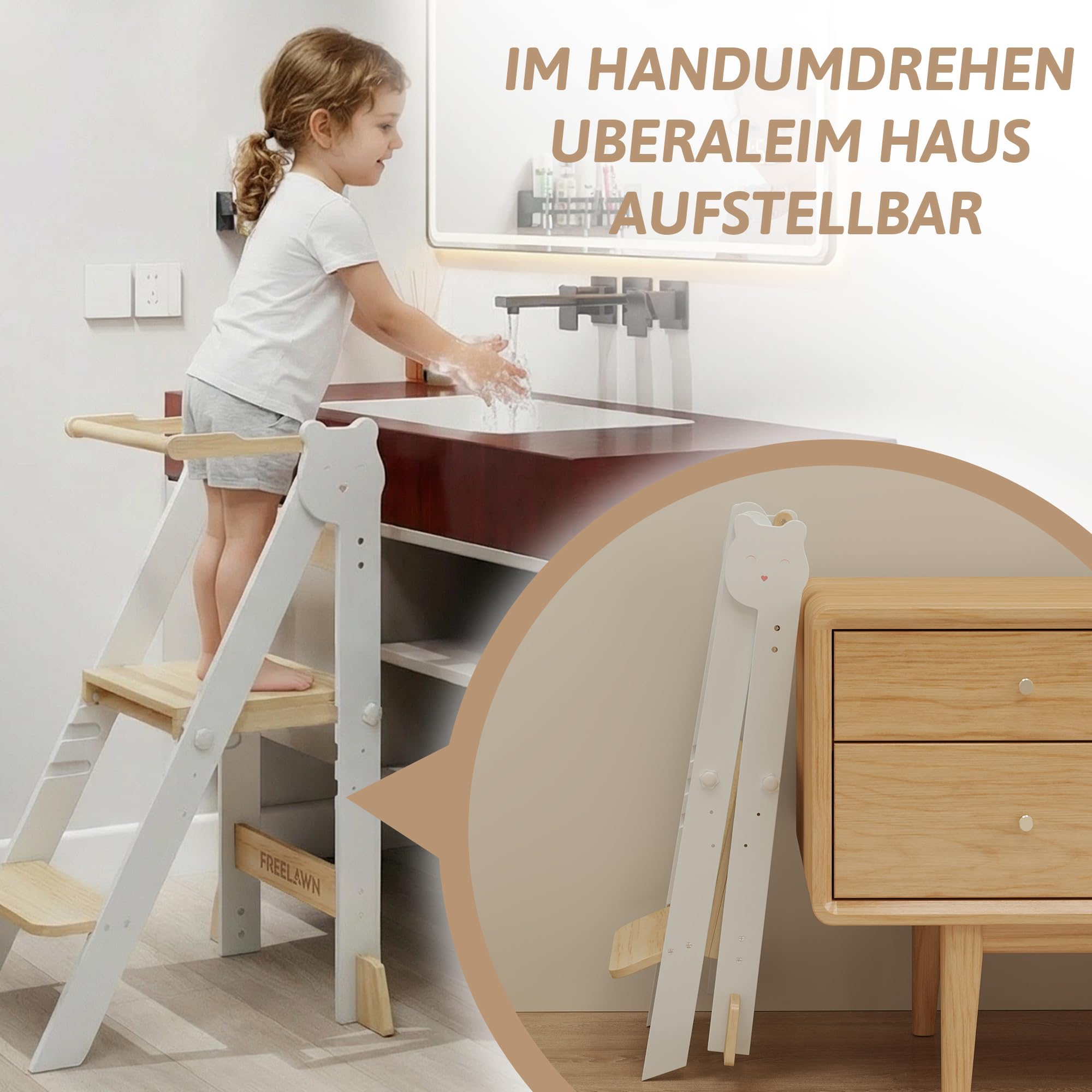 Lernturm Klappbar & 3-Fach Höhenverstellbar - Kippsicherer Learning Tower aus Kiefernholz - Mitwachsender Trittschemel für Kinder (1-5 Jahre) - Stabiler Küchenhelfer & Entdeckerturm (Weiß)