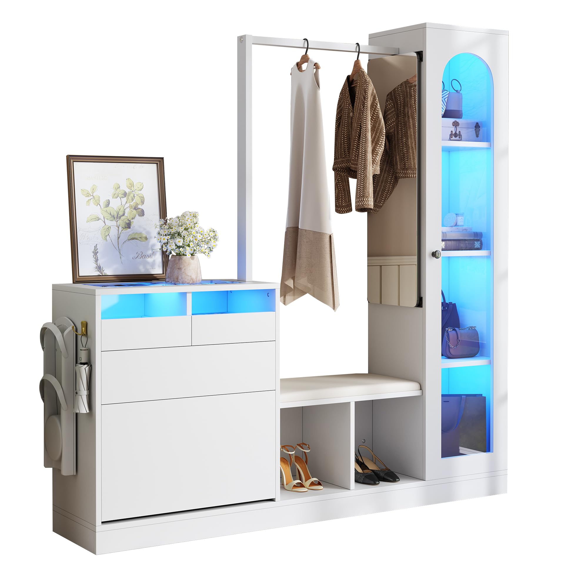 Azkoeesy Set appendiabiti multifunzionale con luce LED, 6 in 1, bianco, moderna combinazione di ingresso con scarpiera | panca imbottita | vetrina in vetro | specchio in vetro | asta appendiabiti |