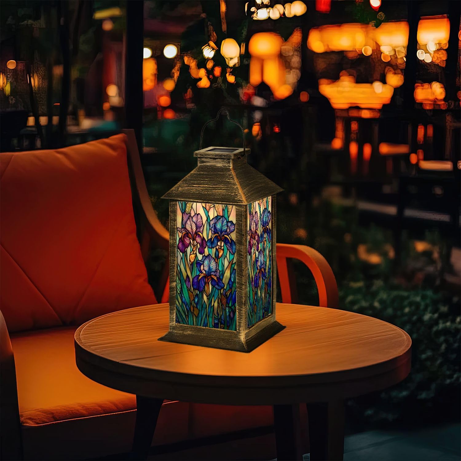 Solar Lantern Stained Glass Iris Flowers Vibrant Purple Blue Tones Garden Hanging Lantern Waterproof Solar Powered Lighting Outdoor Table Lamp for Deck Yard Camping Patio Decor Christmas Gift for Mom