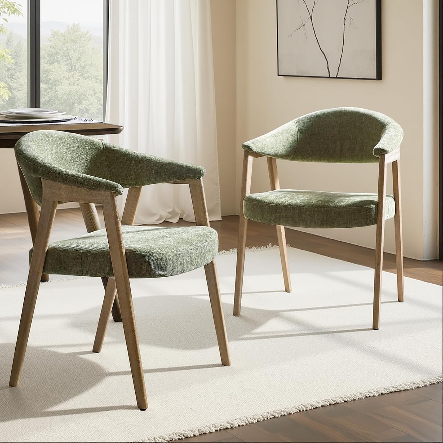 HULALA HOME Mid-Century Modern Dining Chairs Set of 2, Green Wooden Upholstered Kitchen Chairs with Armrest, Curved Backtrst & Wood Legs Armchairs Accent Chairs for Dining Living Room - Moss