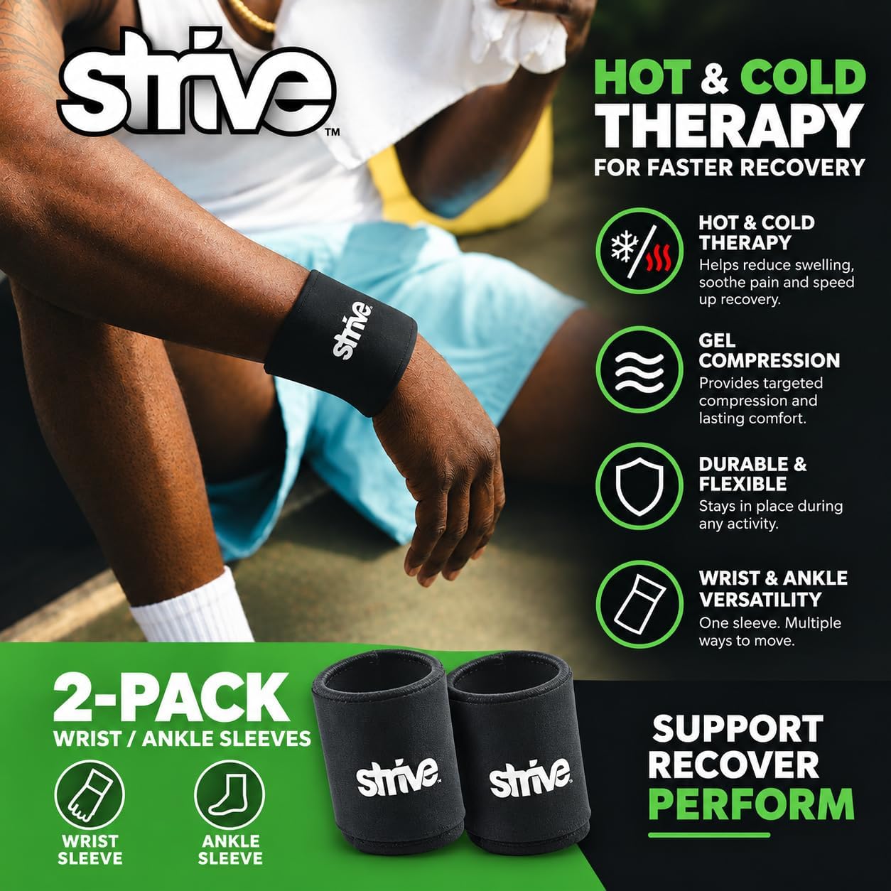 Strive Wrist/Ankle Sleeve, Hot & Cold Therapy, Gel Compression, 2-Pack