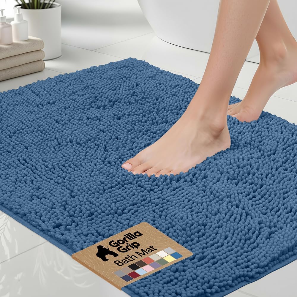 GORILLA GRIP Bath Rug Mat 44x26, Thick Soft Absorbent Chenille, Quick Dry Microfiber Mats, Rubber Backing Washable Shower Floor Rugs, Bathmat Runner, US Designed Bathroom Home Decor Accessories Blue