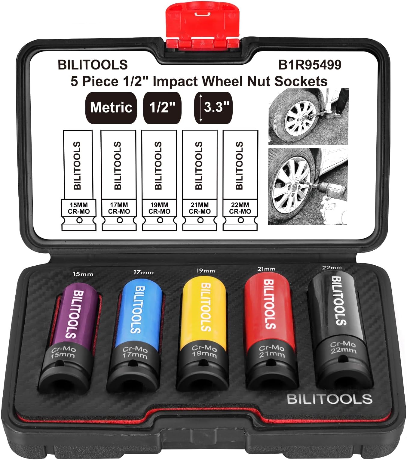 BILITOOLS 1/2 inch Drive Impact Lug Nut Socket Set, 15 17 19 21 22 MM 3.3" Non-Marring Thin Wall Wheel Nut Socket