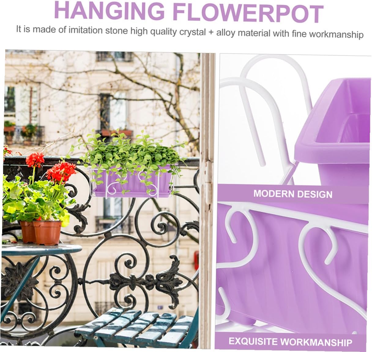 Luxshiny Rectangular Hanging Planter Box with Saucer and White Metal Frame for Vegetable and Flower Growing, Medium-Sized Window Box Planter for Balcony and Garden Use