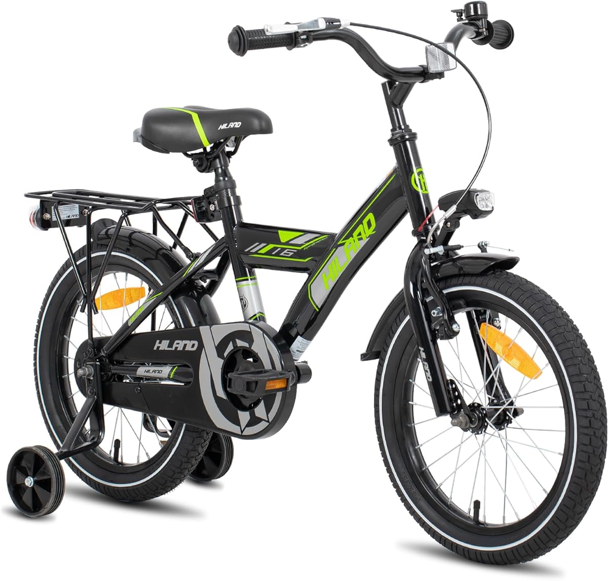 HILAND 16/18/20 Zoll Kinderfahrrad Mountainbike Kinder MTB für Jungen und Mädchen ab 4 5 6 7 8 9 Jahren Licht Gepäckträger Stützräder/Ständer, Schwarz/Weiß