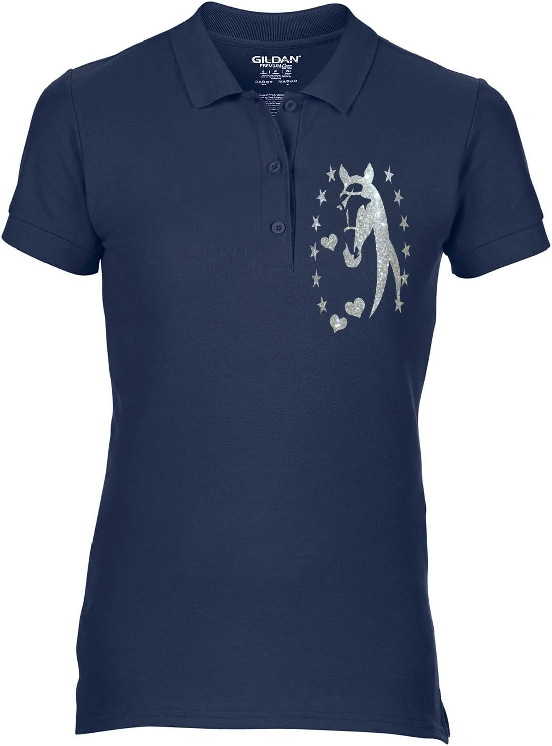 Free P&P Equestrian Equine Horse Riding Ladies Polo Shirt Horse Silhouette Head Stars & Heart Glitter Colour Variations