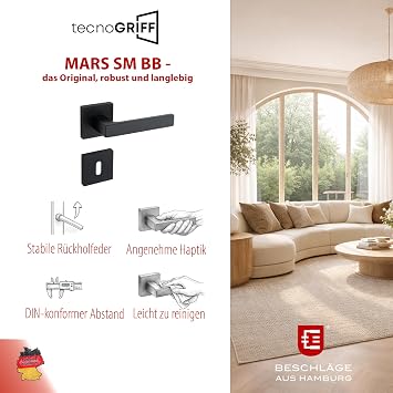 Beschläge Hamburg Door Handles Door Fitting Mars 44Z SM BB New Door Handles with Deadlock Rosettes 51 x 51 mm for Room Doors Handle Set / Door Handle for Interior Doors Made of ZAMAK in Matte Black