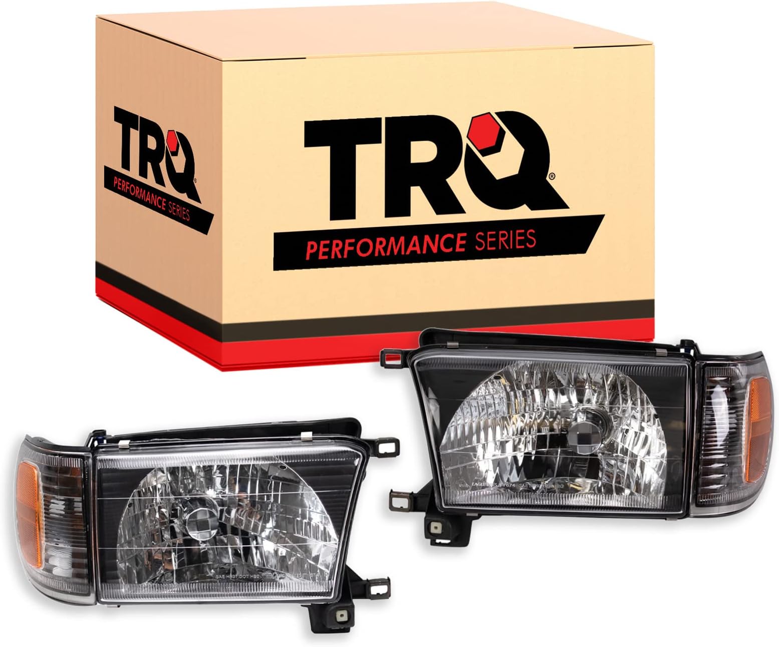 TRQ Performance Driver and Passenger Side Headlight Assembly Set Black Housing Compatible with 99-02 Toyota 4Runner