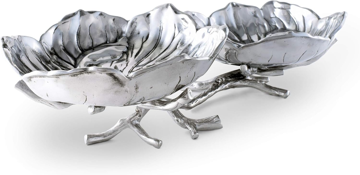 Arthur Court Designs Aluminum Magnolia 2-Bowl Fruit Serving Bowl 20 inch Across 11 inch Tall