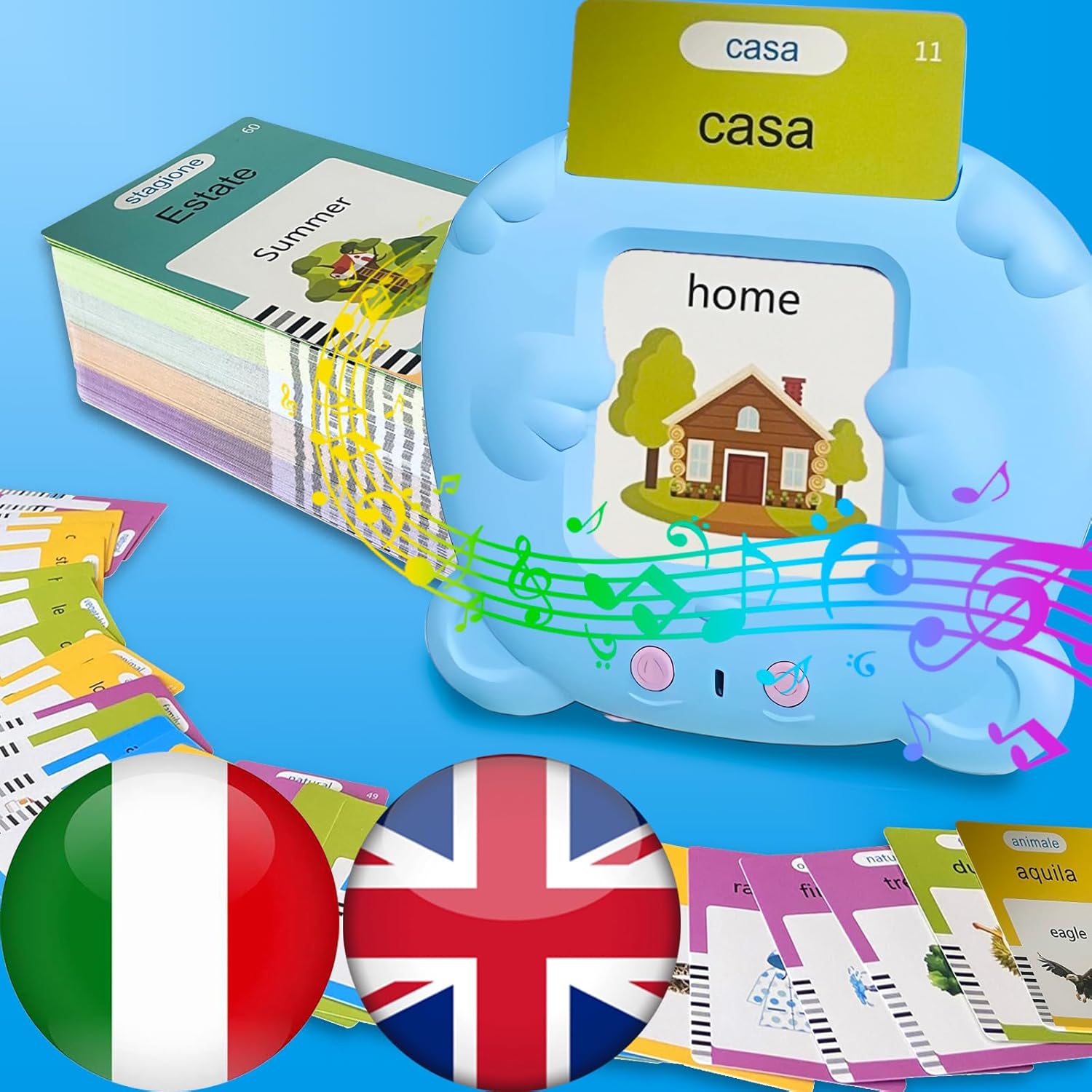 Bilingual English Italian Flash Cards - Talking Flash Cards for Kids, Pocket Speech for Toddlers 3-12, Educational Learning Audible Gift Play Cards Italian, Autism Sensory Toys (Blue)