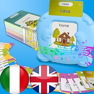 Bilingual English Italian Flash Cards - Talking Flash Cards for Kids, Pocket Speech for Toddlers 3-12, Educational Learning Audible Gift Play Cards Italian, Autism Sensory Toys (Blue)