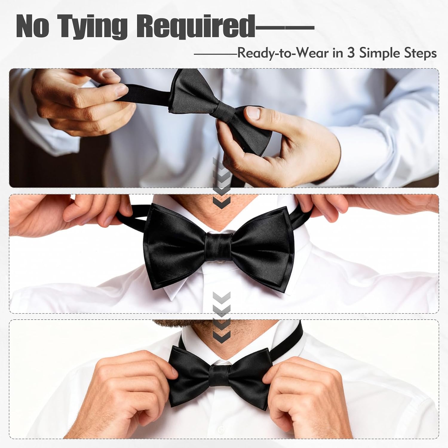 Bow Ties for Men, 2-Pack Classic Black Bowtie with Satin Finish & Adjustable Strap, Premium Black Bowtie for Weddings & Formal Events, Clip on Bow Ties for Men, Pre-Tied & Instant Fit