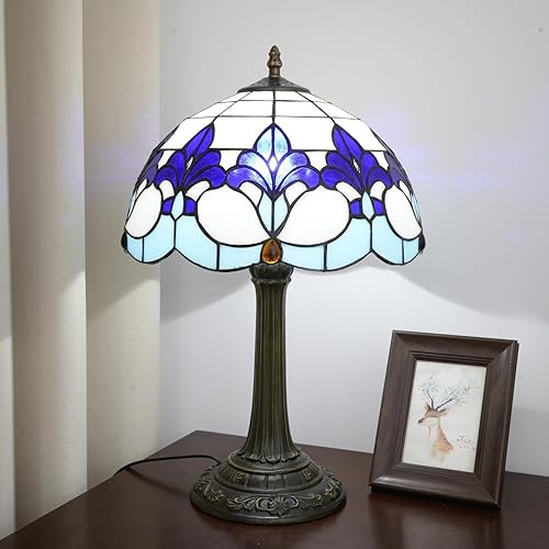 Miniatura 4 de Tiffany Lámpara de vitral de 12 pulgadas, lámpara de mesa estilo cancha Iris patrón de flores arte retro lámpara de noche para dormitorio, sala de