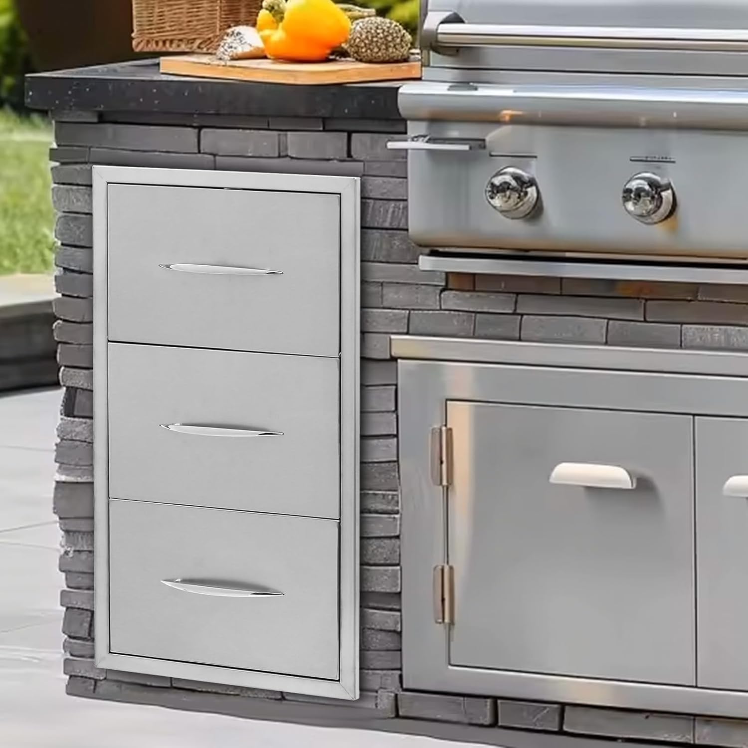 Outdoor Kitchen Drawer Stainless Steel Double Drawers Built-in Paper Towel Holder Smooth Pull-Out Kitchen Access Drawers for Outdoor or BBQ Island, 17"X21"X30"